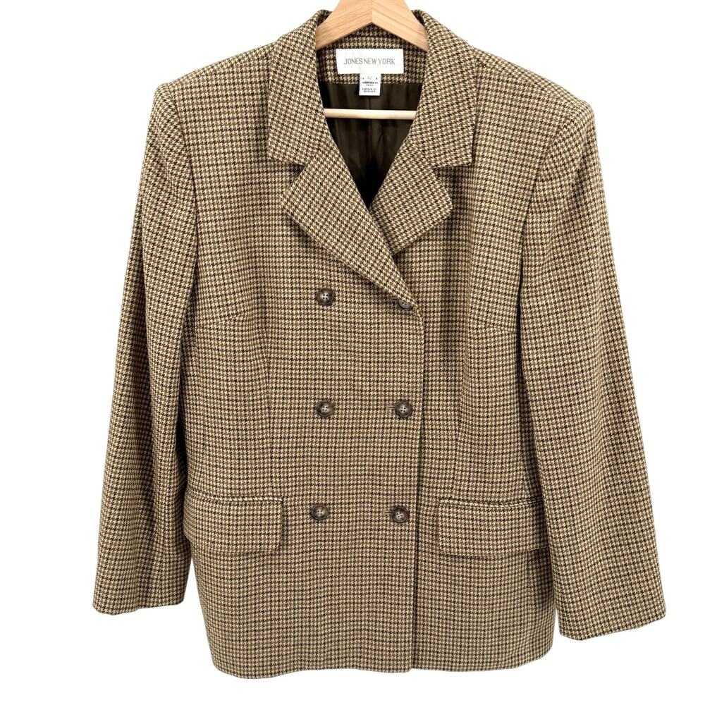 Vintage 90s Jones New York Brown Worsted Wool Tailored Double Breasted Blazer
